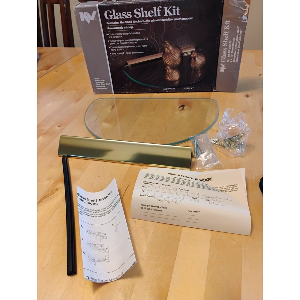 VTG KV Knape & Vogt Glass Shelf Kit Gold Brass 8"x12" Semi Circle Art Deco Glam